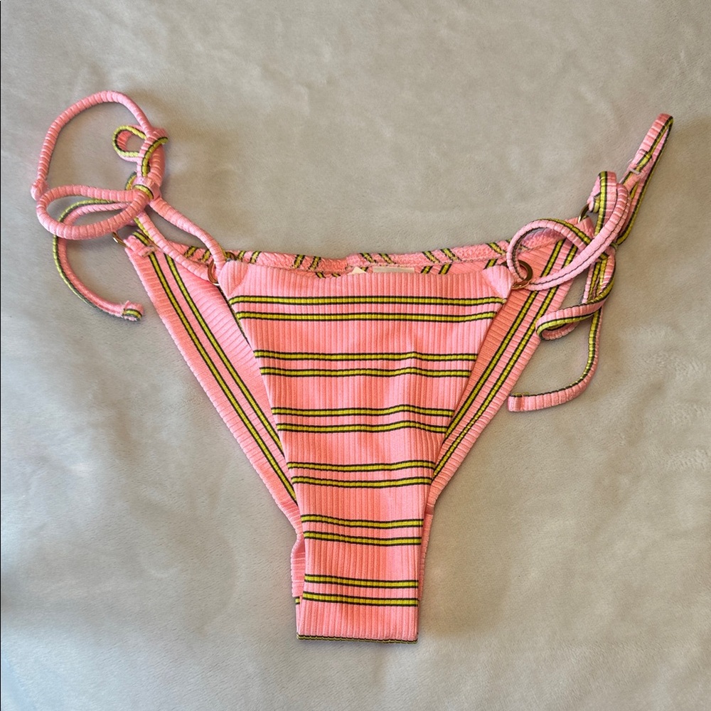NEW Aerie Pink Yellow Striped Cheekier String Tie Bikini Bottoms NWT Size XS